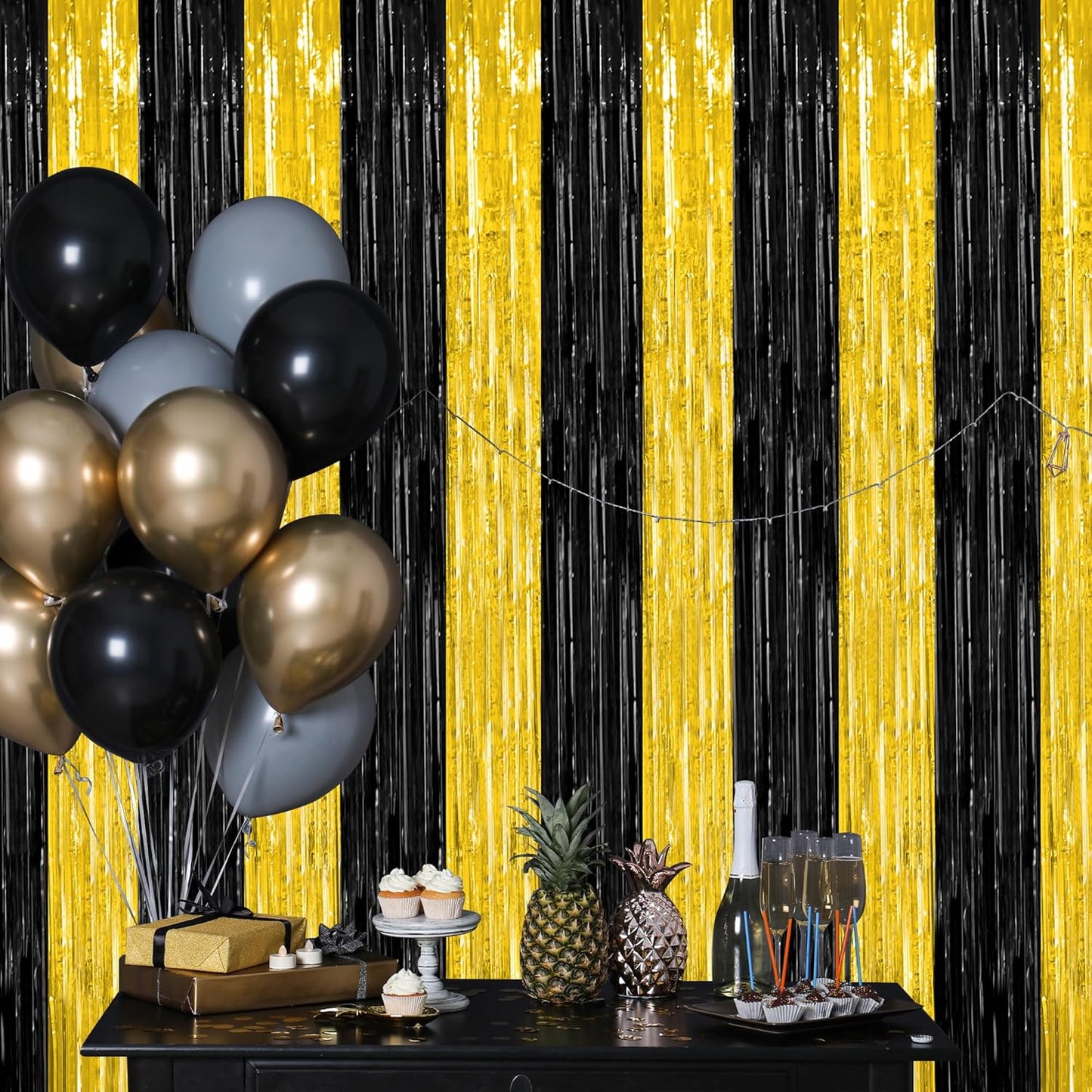 2 Pack Graduation Backdrop, 3.28 FT x 7.05 FT Black and Gold Foil Fringe Curtains, Metallic Foil Curtain Graduation Backdrop, Grad Party Supplies Black and Gold Party Decorations Class of 2025