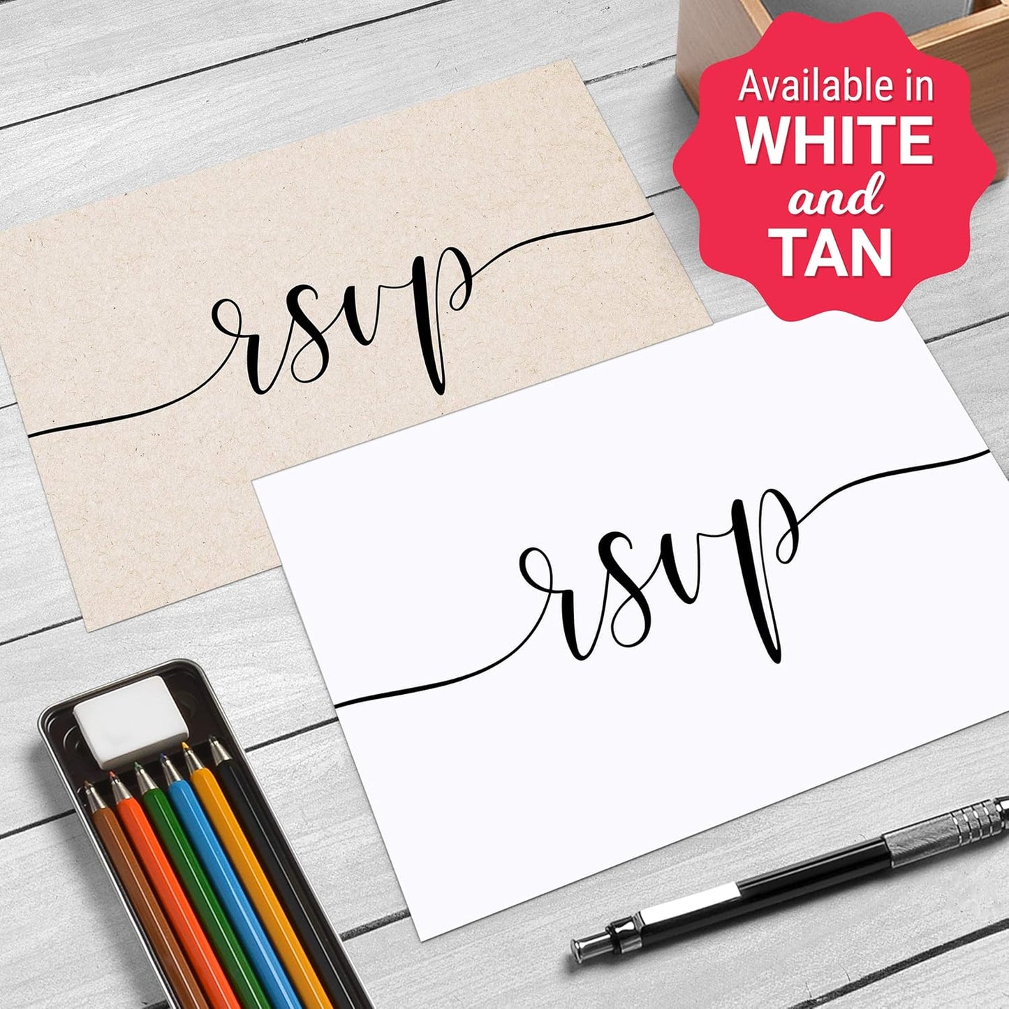 321Done RSVP Postcards (Set of 50) Small White, 3.5" x 5" - Blank with Mailing Side, Response Cards for Wedding, Bridal Shower, Baby Shower - Made in USA, Elegant Script White