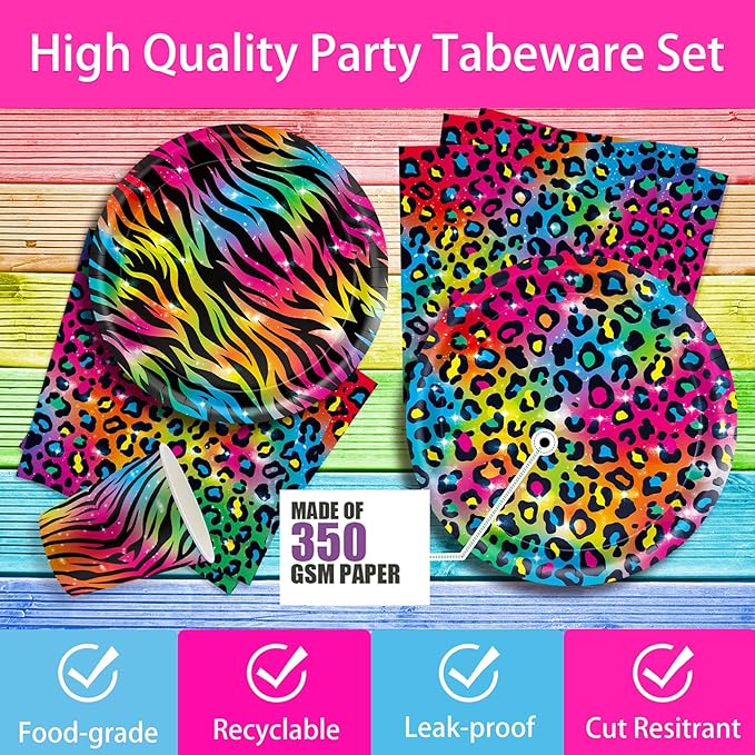 120pcs Neon Rainbow Leopard Birthday Party Supplies Sparkly Splatter Paper Tableware Set Include Leopard Plates Napkins Tiger Print Cups for Girls Neon Cheetah Birthday Party Decorations Serve 24