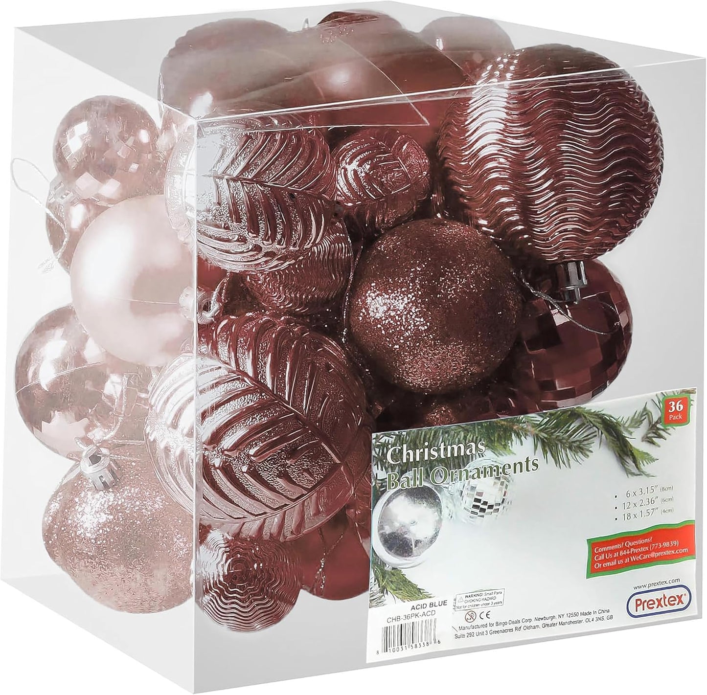 PREXTEX 36-Piece Rose Gold Christmas Ornaments Set - Shatterproof Tree Balls in 6 Styles and 3 Sizes with Hanging Loops to Decorate Christmas Tree - Ideal for Indoor and Outdoor Holiday Decor