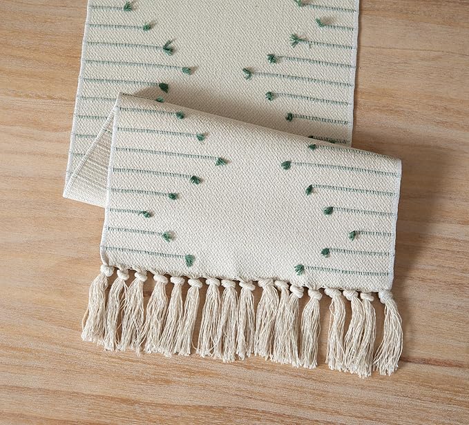 Boho Table Runner 13 x 108 Inch Long Natural Cotton Woven Runner with Tassels for Home Dining Table décor, for Modern Farmhouse Decor Coffee Table Runner, Green and Beige