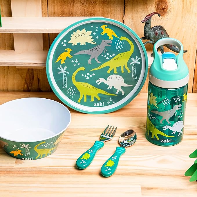 Zak Designs 5-Piece Dinnerware Set, Dinosaur - Durable Plastic & Stainless Steel - Includes Water Bottle, 8-Inch Plate, 6-Inch Bowl, Fork & Spoon - Suitable for Kids Ages 3+