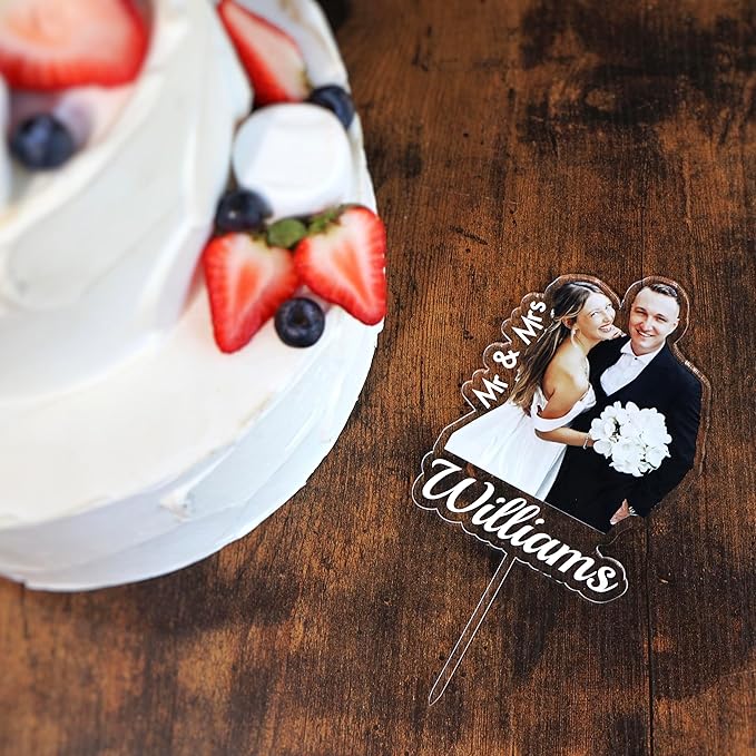 Custom Photo Cake Topper – Personalized Acrylic Cake Topper with Picture and Name, Printed Cake Sign Charm for Couples and Dessert Decoration