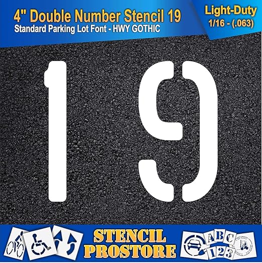 Pavement, Curb, and WheelStop Stencils - 4 inch Double Number Stencil - (19) - 4" x 4" x 1/16" (63 mil) - Light-Duty