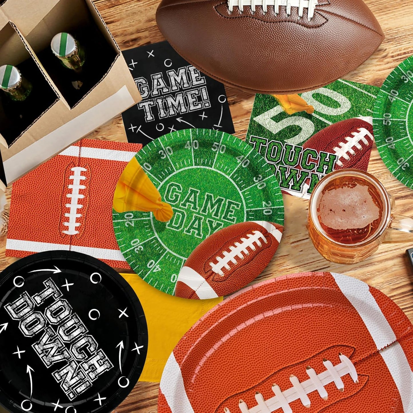 Gatherfun Football Party Supplies Kit for 24 Guests - Includes Large 12.5in Plates, Dessert Plates, Napkins, Cups, Banner and Touchdown Tablecloth - for Football Tailgate Party Decorations