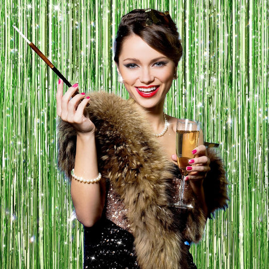 2Pack Light Green Foil Curtain Backdrop Green Metallic Tinsel Foil Fringe Curtains Photo Booth Props for Birthday Wedding Engagement Baby Shower Bachelorette Xmas Holiday Celebration Party Decors