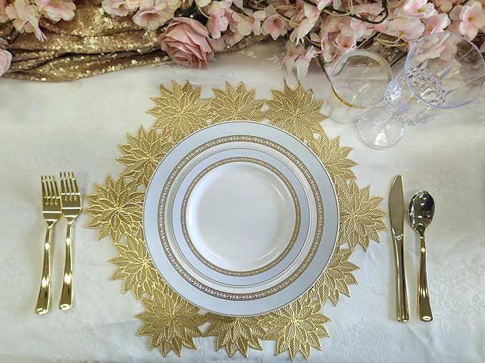 OCCASIONS 50 Blue Disposable Plates (25 Guests) - Heavyweight Plastic Plate Set with Gold Rim - 25 x 10.5" Dinner + 25 x 7.5" Salad/Dessert Plates for Wedding Party - Ritz Blue and Gold