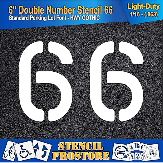 Pavement, Curb, and WheelStop Stencils - 6 inch Double Number Stencil - (66) - 6" x 9" x 1/16" (63 mil) - Light-Duty