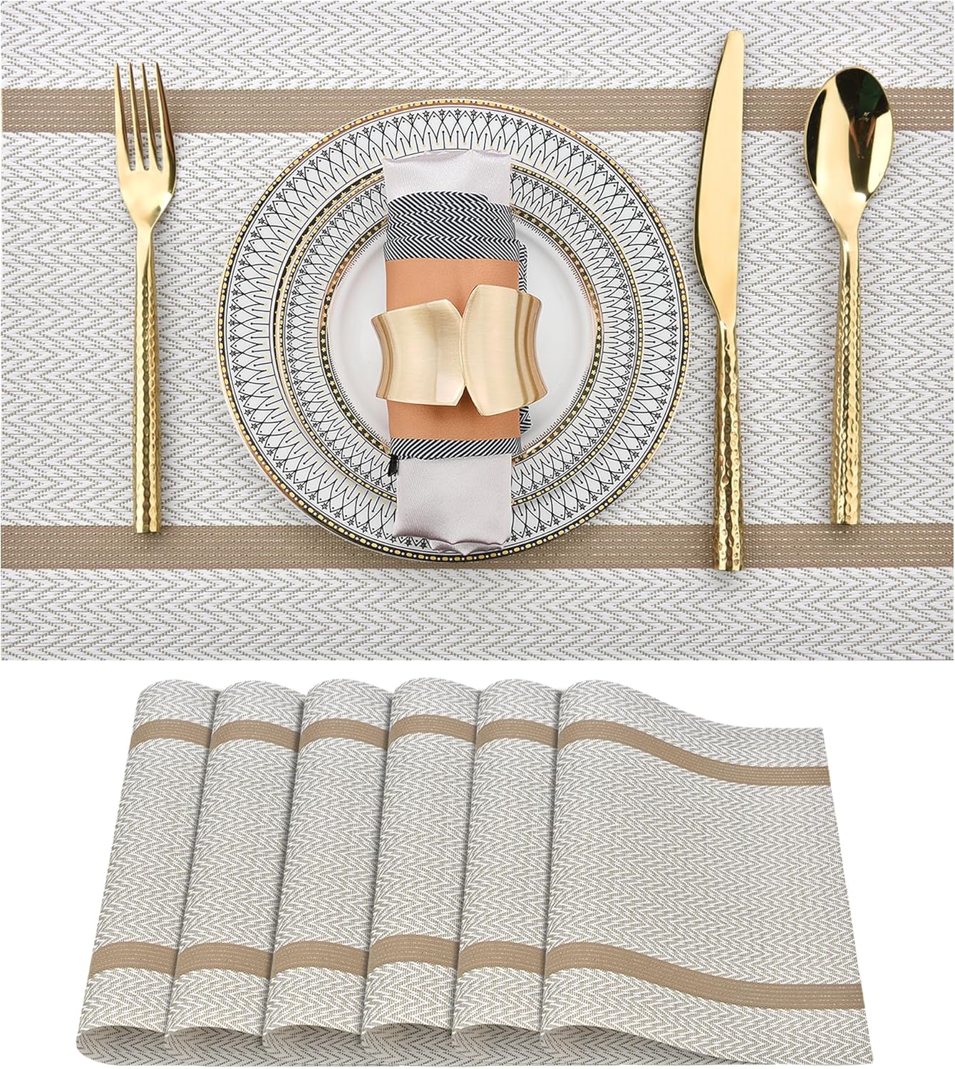 SLKQG Beige White Placemats Set of 6 - Easy Clean Modern Durable Washable Vinyl Place Mats - Heat Resistant Placemats for Kitchen Table - PVC Table Mats for Dining Table (Beige White with Stripes, 6)