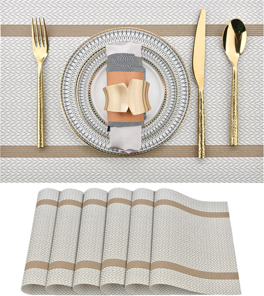 SLKQG Beige White Placemats Set of 6 - Easy Clean Modern Durable Washable Vinyl Place Mats - Heat Resistant Placemats for Kitchen Table - PVC Table Mats for Dining Table (Beige White with Stripes, 6)