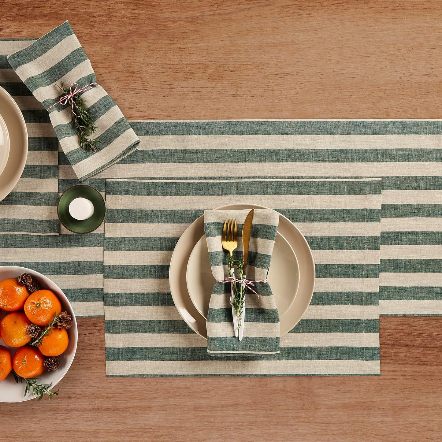 Solino Home Linen Table Runner 144 Inches Long - Sorrento Stripe, 100% Pure Linen Hunter Green and Natural Farmhouse Table Runner 14 x 144 Inch for Dining, Fall, Autumn, Thanksgiving, Christmas