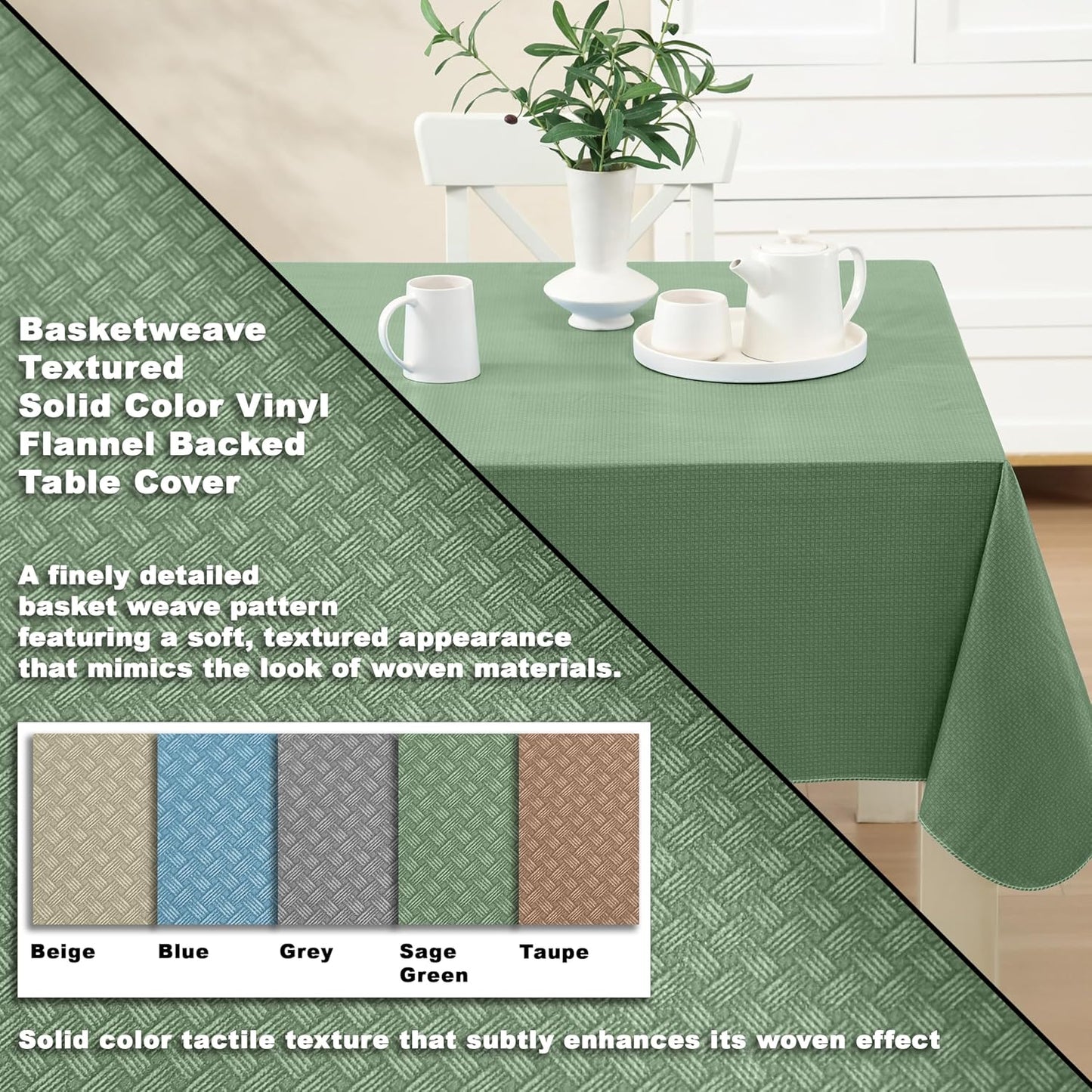 Newbridge Basketweave Vinyl Flannel Backed Tablecloth, 60 x 120 Inch Rectangle, Sage Green, Basket Weave Textured Indoor Outdoor Waterproof Table Cover for Patio, Kitchen, Dining