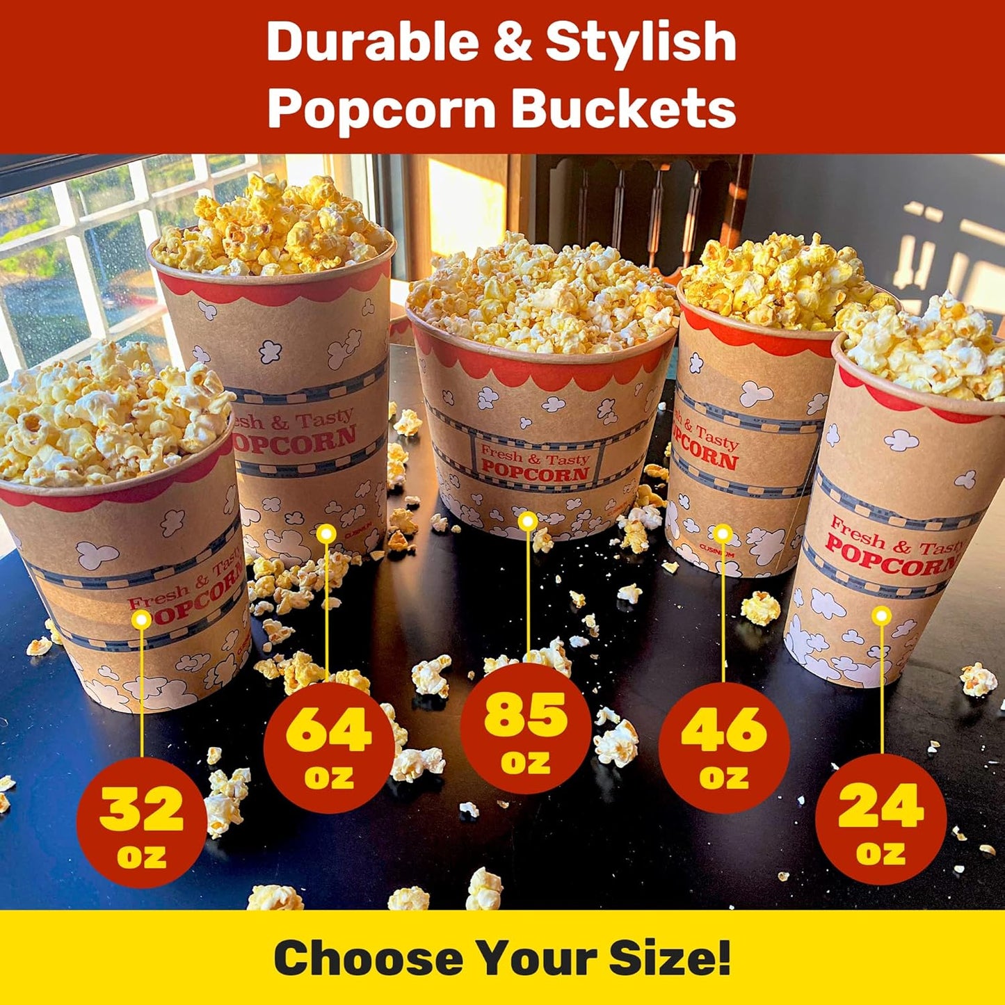 CUSINIUM 32 oz 25-Pack Kraft Popcorn Buckets - Large Popcorn Tubs