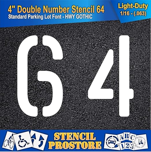 Pavement, Curb, and WheelStop Stencils - 4 inch Double Number Stencil - (64) - 4" x 5.5" x 1/16" (63 mil) - Light-Duty