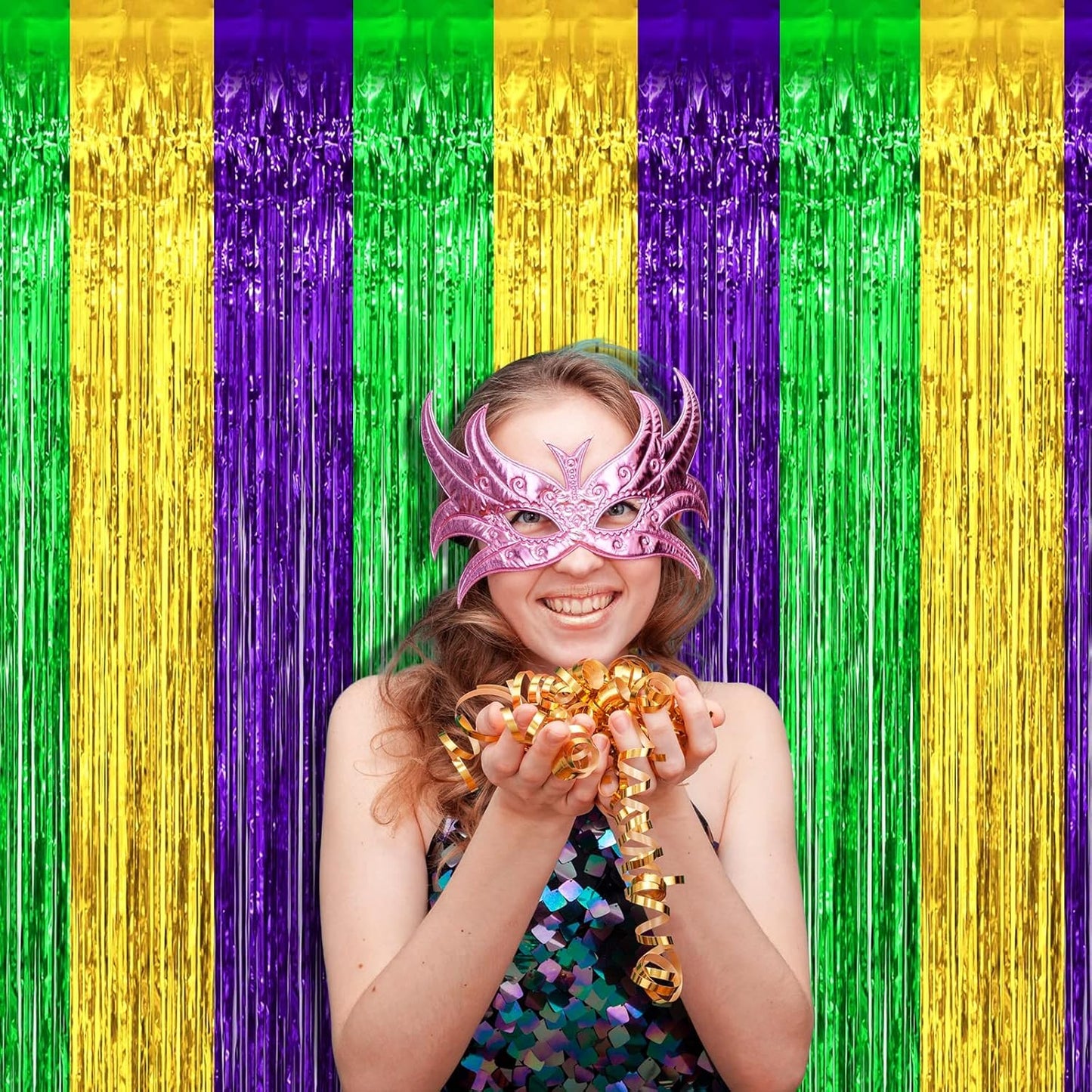 4 Pack 3.2Ft x 6.6Ft Mardi Gras Foil Fringe Curtain Backdrop, Gold Green Purple Metallic Tinsel Foil Fringe Streamers Curtains Background for Photo Booth, Birthday, Wedding, Carnival Party Decoration