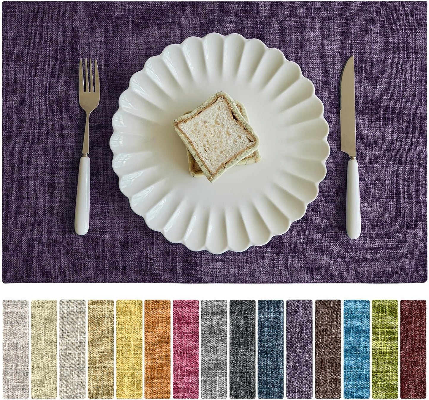 Softalker Faux Linen Placemats Set of 12-12 x 18 Inch, Heat Resistant Double Layered Durable Burlap Farmhouse Place Mats, Non-Slip Washable Rustic Table Mats for Dining, Kitchen, Party（Purple