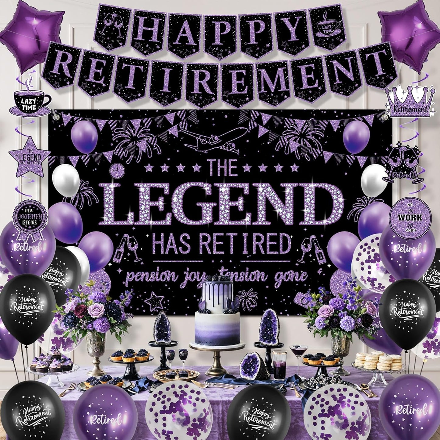 Roetyce Retirement Party Decorations Women, Black and Purple Happy Retirement Banner Backdrop Balloons Hanging Swirls for Coworker, Lengend Has Retired Sash & Crown, Office Retired Background