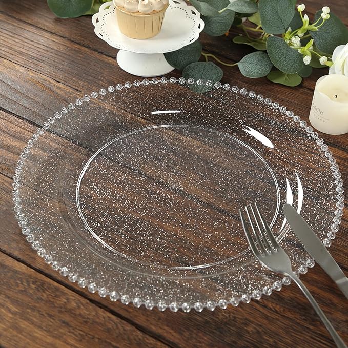 Efavormart 10-Pack Economy Plastic Charger Plates 13" Round Clear/Silver Glitter with Beaded Rim - Stylish Dinner Party Serving Plates