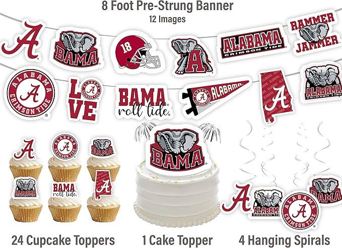 University of Alabama Party Supplies for Bama Football, Roll Tide Birthday Gift, UA Graduation Party Banner and Cake Toppers Roll Tide (42 Pieces) (Alabama Crimson Tide)