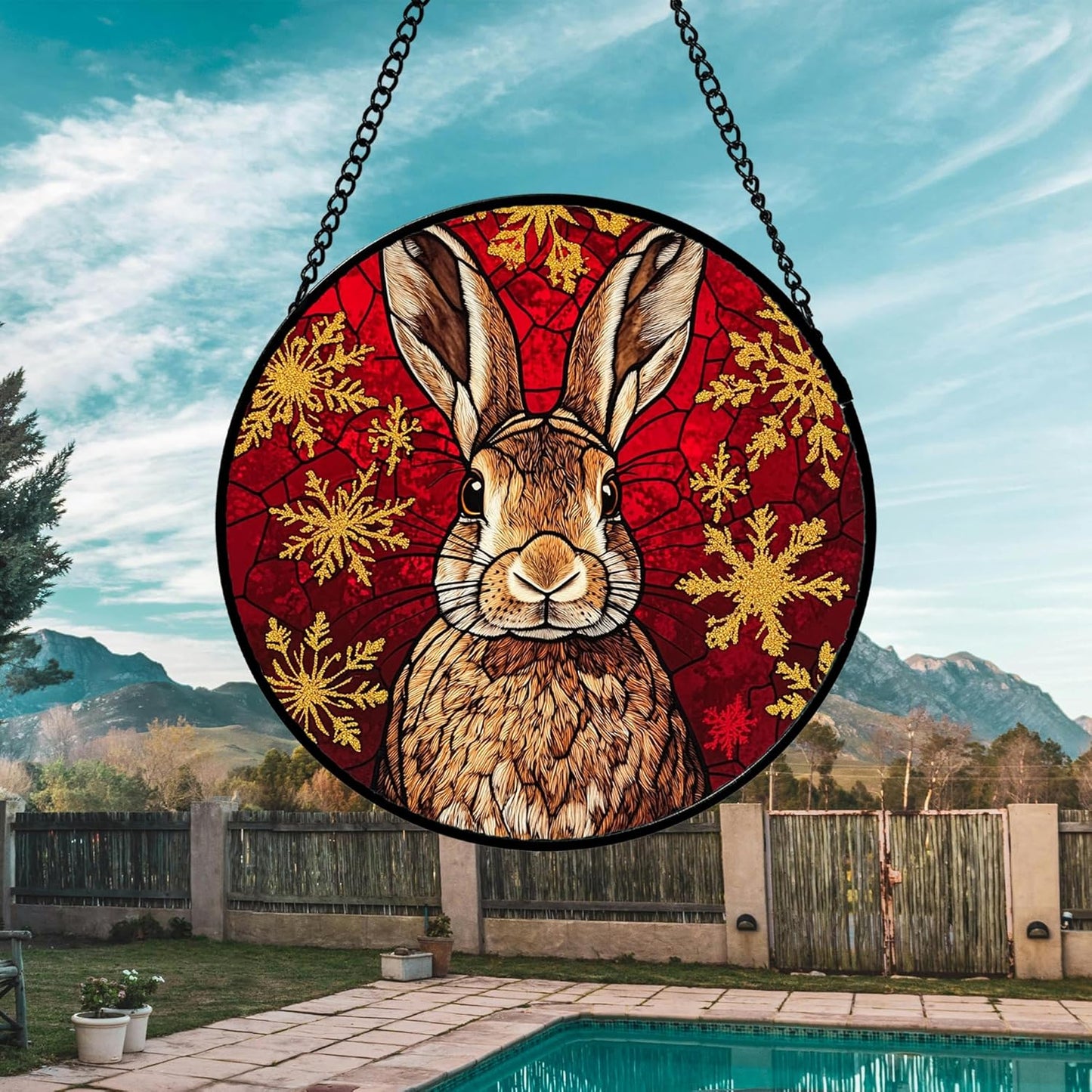 Stained Glass Window Hanging 4 Pcs Set Red Golden Snowflakes 7.8" - Christmas Elk Rabbit Suncatcher Door Garden Sun Catcher Decor Birthday for Mom Woman Nana Men