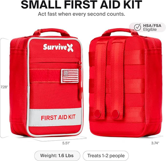 Small First Aid Kit for Car, Travel & Home - Emergency Kit for Hiking, Camping, Backpacking and Outdoors - Includes Zip Stitch Wound Closure Strips