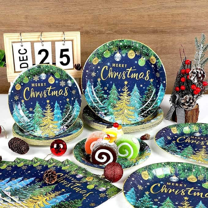 96pcs Christmas Pine Tree Paper Plates and Napkins - Xmas Party Decorations, Dessert Cake Snowflakes, Serves 24