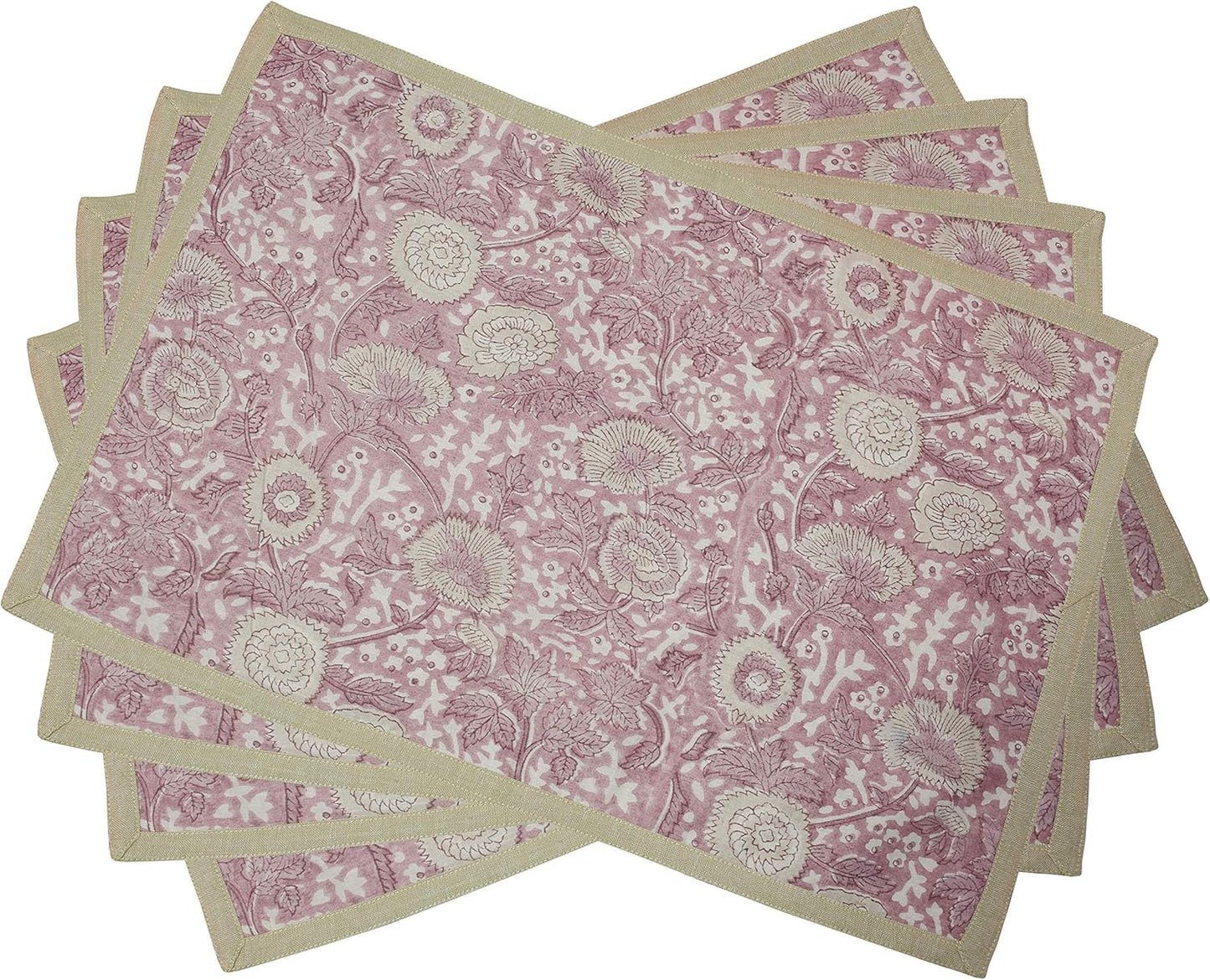Indtresor Indian Heritage Fabric Cotton Table Linen Reversible Set Runner Napkins Mats in Pink Beige