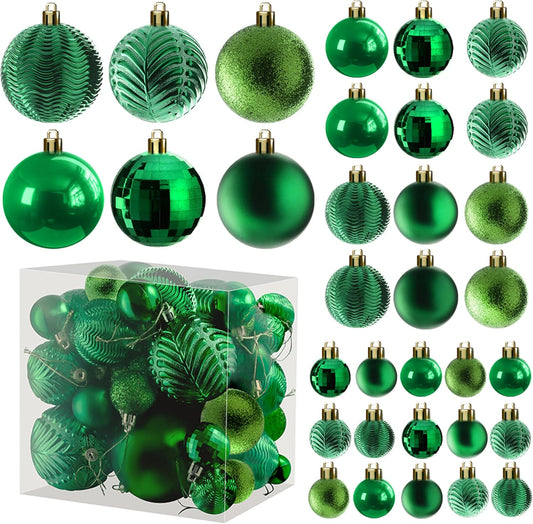 Prextex 36pc Shatterproof Green Christmas Balls Ornament Set - Festive Christmas Tree Ornaments in 3 Different Sizes and 6 Styles - Holiday Decoration with Hanging Loops for Tree, Wreath, Party Decor