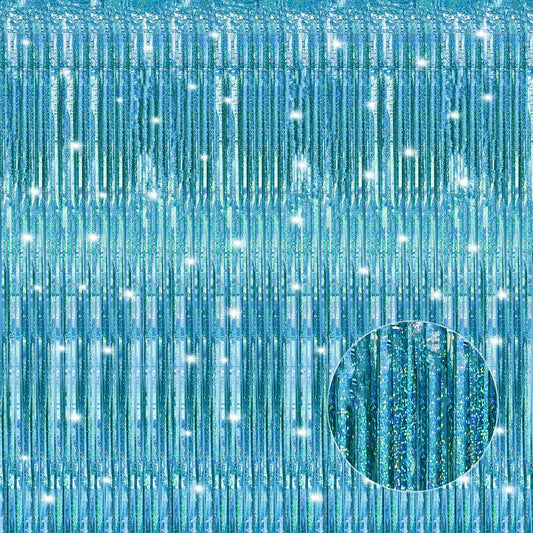 Crosize 3 Pack 3.3 x 9.9 ft Laser Blue Foil Fringe Curtains Party Decorations, Laser Blue Tinsel Curtain Backdrop for Parties, Door Streamers, Glitter Streamer Backdrop for Birthday Decoration
