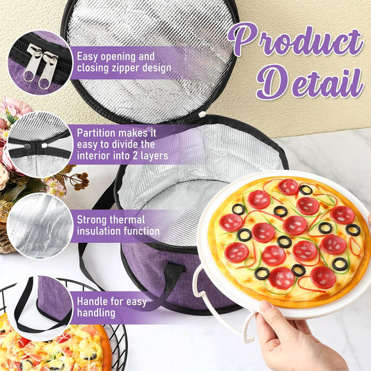 Yaomiao 2 Set Round Pie Carrier 11 x 7 Inch with Dish Tray Plate Stacker Insulated Casserole Carrier with Lid and Handle Reusable Cooler Thermal Bag for Cold Food for Potluck Picnic (Black and Purple)