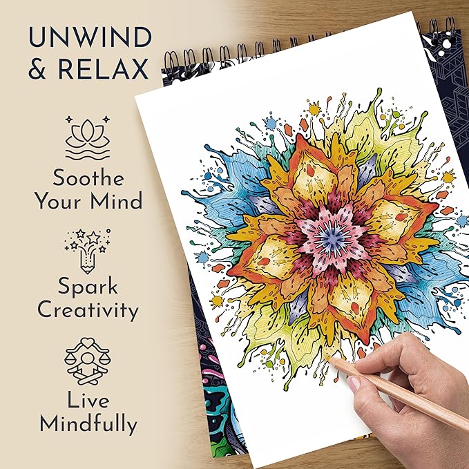 RYVE Mandala Coloring Book for Adults - 50 Unique Mandalas for Relaxation & Stress Relief - Adult Coloring Book Spiral Bound for Women and Men, Mindfulness Gifts for Women