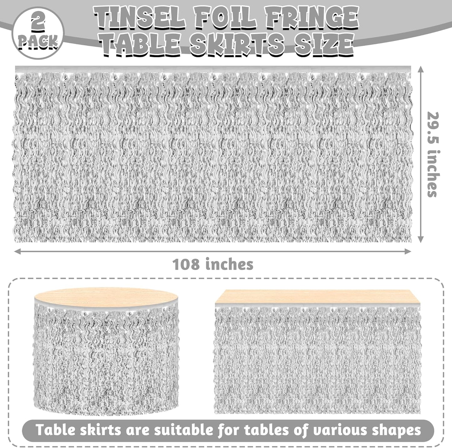 2 Pack Silver Desk Skirt, Metallic Grass Skirt for Table, Birthday Wavy Tinsel Foil Fringe Table Skirts, Foil Table Skirts for Christmas Wedding Birthday Indoor Party Celebrations Decor