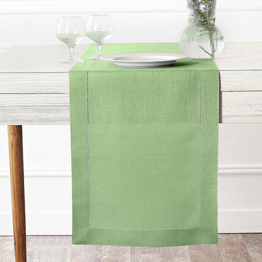 D'Moksha Homes Linen Sage Green Table Runner 132 Inches Long - 100% Pure Linen Extra Long Table Runner 14 x 132 Inch for Fall, Autumn and Halloween - Classic Hemstitch