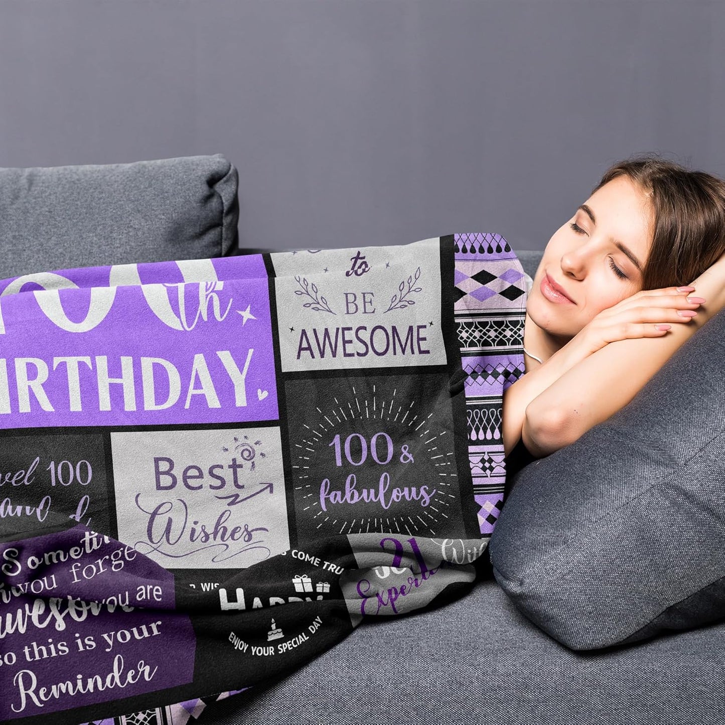 100th Birthday Gifts for Women Soft Purple Blanket 60"X50", Best Gifts for 100 Year Old Woman Decorations Party Supplies, Happy 100th Birthday Gift Ideas, 1925 Bday Present for Mom Grandma