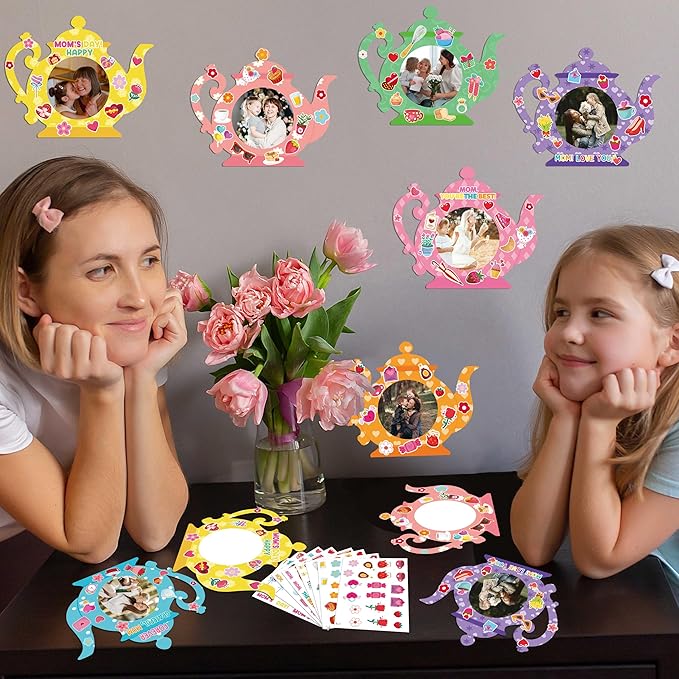 80UncleKimby 56 Packs Mothers Day Crafts for Kids Classroom - Bulk DIY Teapot Picture Frame Paper Kits for Gifts, Tea Party Favors