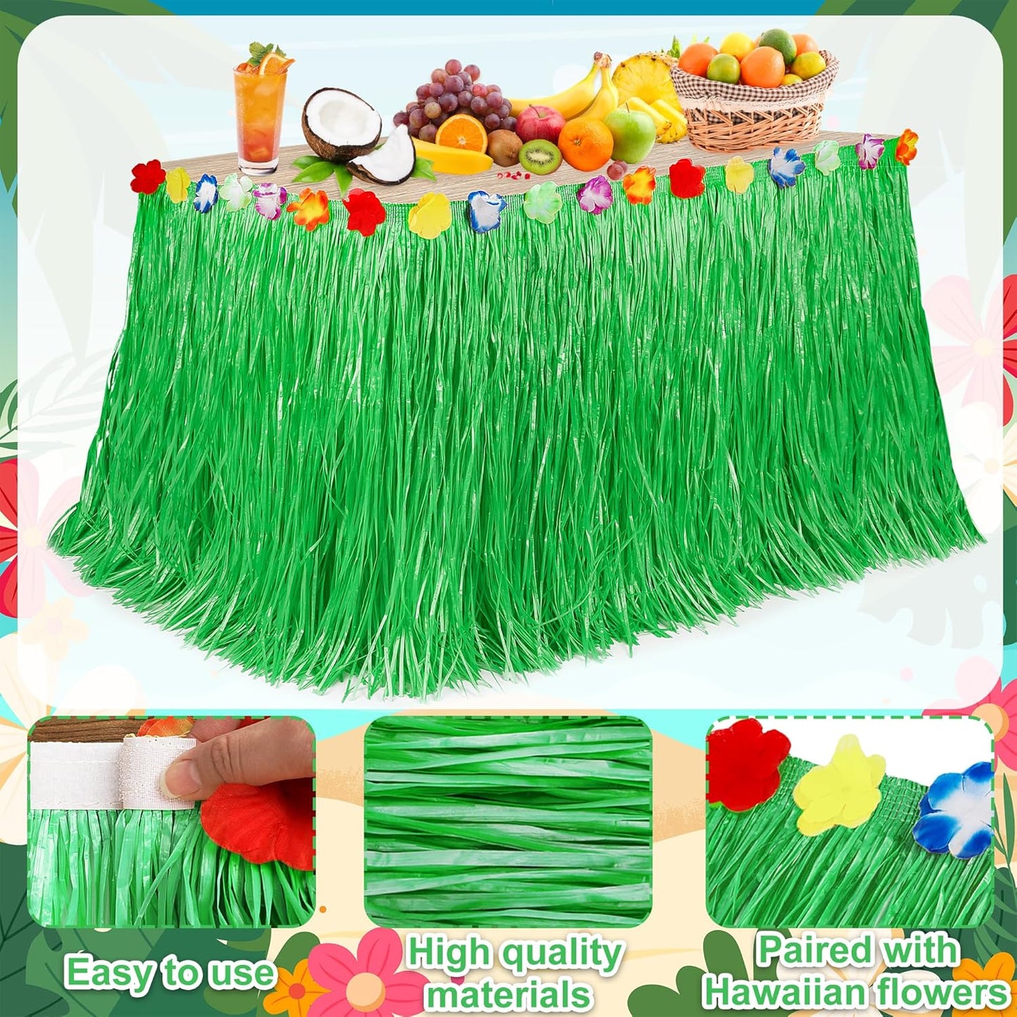 Hawaiian Party Table Decorations, 1PCS Green Luau Party Table Skirt Decorations, 108 X 29.5" Grass Skirts Luau Party Favors, Luau Table Skirt for Summer Tropical Hula Parties Decor Accessories