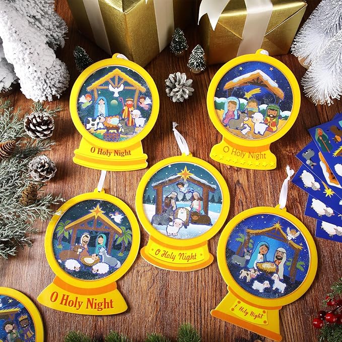 Frienda 48 Set Christmas Shaking Nativity Snow Globe Craft Kit Make a Jesus Birth Snowglobe Stickers Ornament Bulk with Glitter Sequins Papers for Xmas Tree Decor Religious Classroom Game Activities