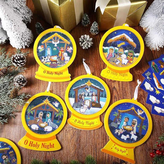 Frienda 48 Set Christmas Shaking Nativity Snow Globe Craft Kit Make a Jesus Birth Snowglobe Stickers Ornament Bulk with Glitter Sequins Papers for Xmas Tree Decor Religious Classroom Game Activities