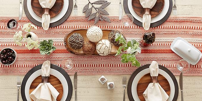 DII Farmhouse Braided Stripe Table Runner Collection, 15x72 (15x77, Fringe Included), Vintage Red