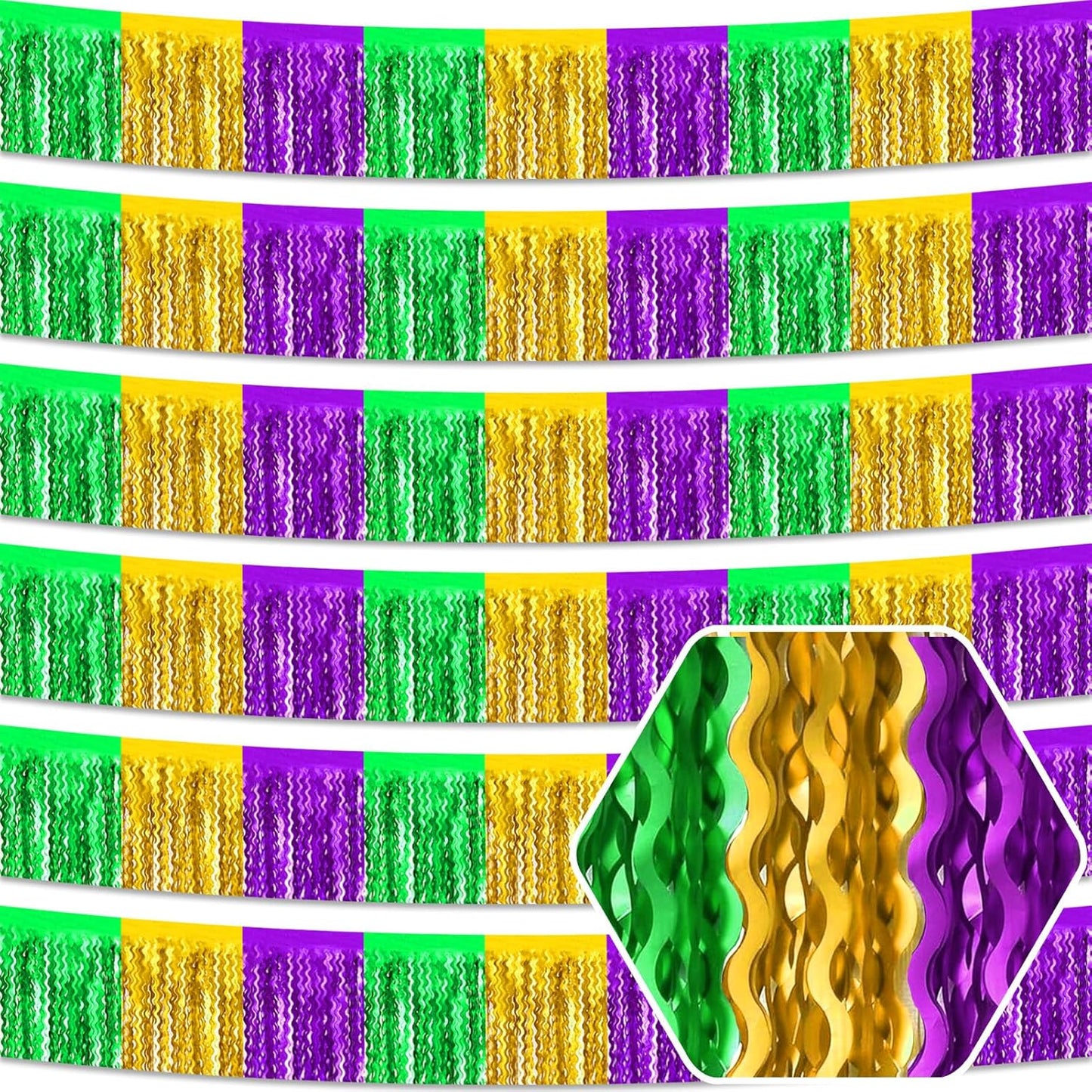 6 Pack 10 Feet Gold Green Purple Wave Foil Fringe Garland Metallic Tinsel Streamers Banner Wall Hanging Curtain Backdrop for Parade Floats, Mother's Day, Easter, Wedding, Birthday Party Decoration