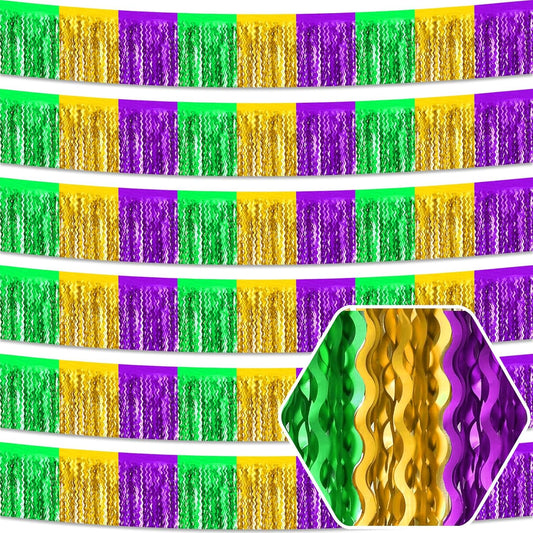 6 Pack 10 Feet Gold Green Purple Wave Foil Fringe Garland Metallic Tinsel Streamers Banner Wall Hanging Curtain Backdrop for Parade Floats, Mother's Day, Easter, Wedding, Birthday Party Decoration