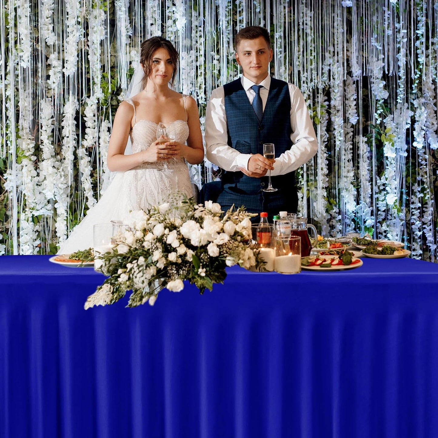 HolidayIdeas Royal Blue Spandex Table Skirts for Rectangle Tables 6ft, Fitted Stretch Table Cover 30x72 Inch, Wrinkle-Free Ruffle Design Tablecloths for Banquets,Trade Shows, Parties, Events, 2 Pack
