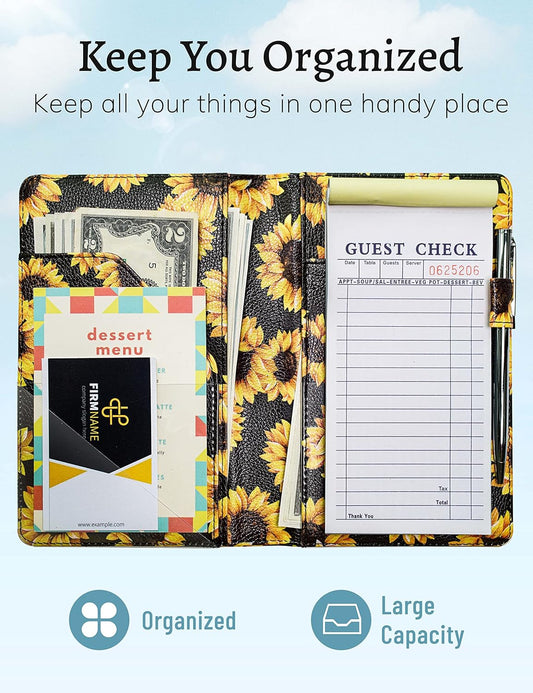 Mymazn Black Server Books for Waitress Book Waiter Book Server Booklet Restaurant Waitstaff Organizer, Serving Book Guest Check Book Holder Money Pocket Fits Server Apron (Sunflower)