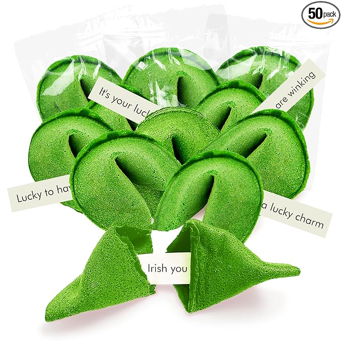 4E's Novelty St Patricks Day Fortune Cookies (50 Pack) Bulk Individually Wrapped Green Fortune Cookies With 50 Unique St Patricks Day Themed Fotune, Party Favors & Candy Bowl Filler