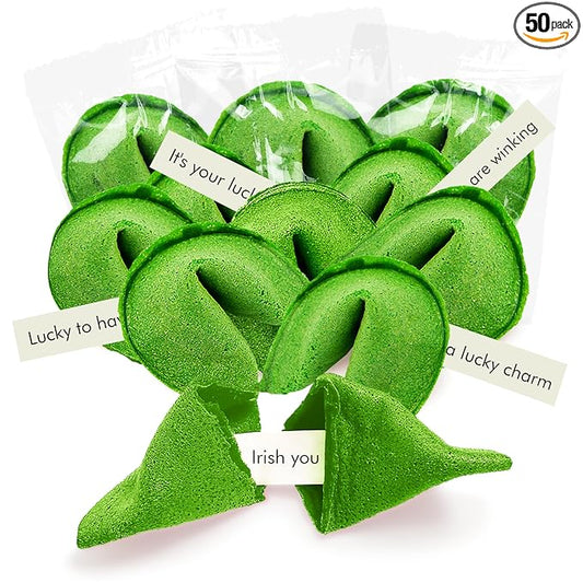 4E's Novelty St Patricks Day Fortune Cookies (50 Pack) Bulk Individually Wrapped Green Fortune Cookies With 50 Unique St Patricks Day Themed Fotune, Party Favors & Candy Bowl Filler