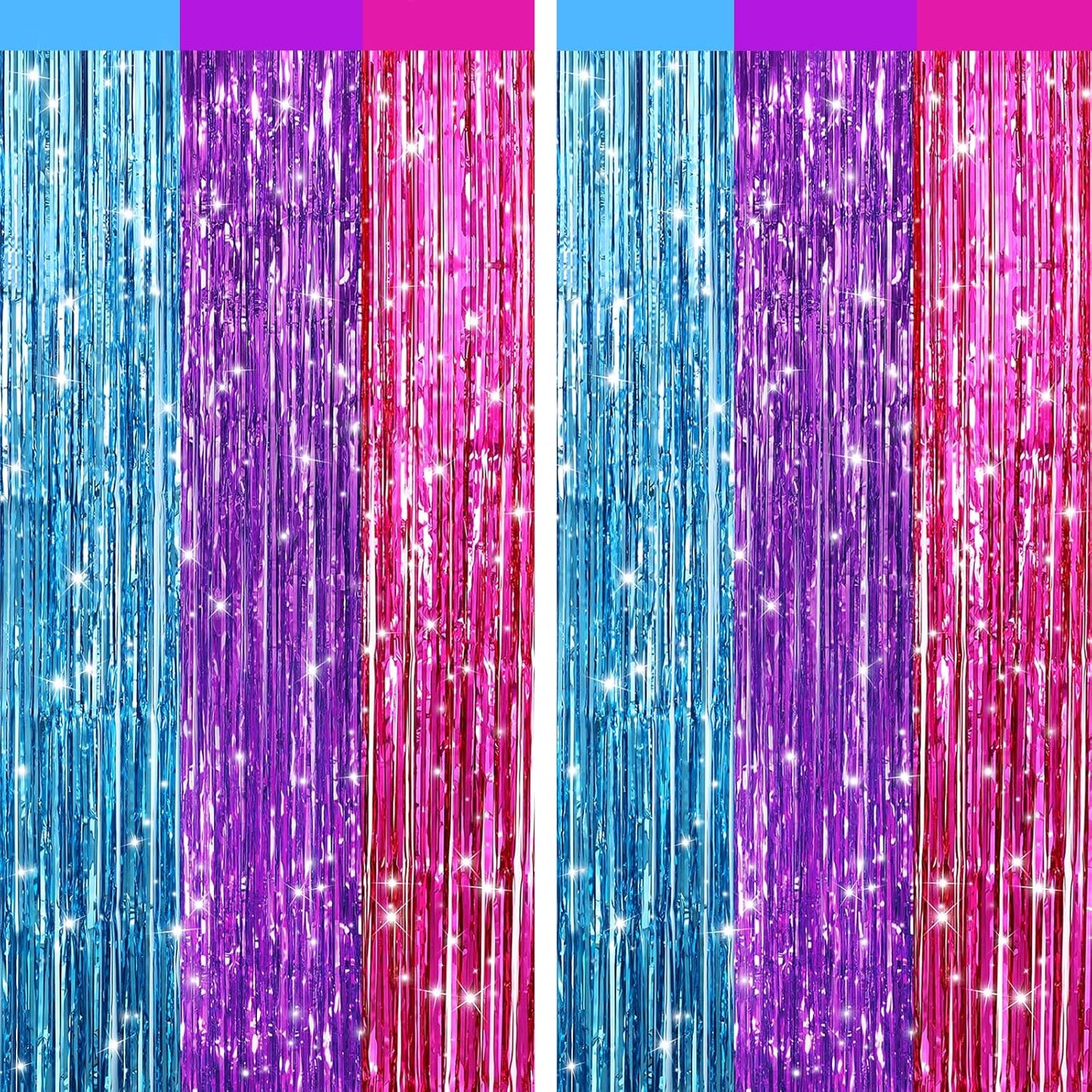 2 Pack Blue Purple Pink Metallic Tinsel Foil Fringe Curtains, Door Streamers Photo Booth Backdrop for Birthday Party, Tinsel Curtain Backdrop for Baby Shower Bachelorette Christmas Party Decorations