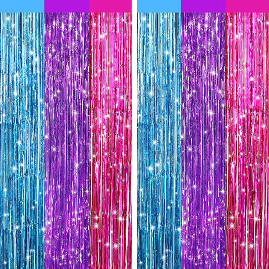 2 Pack Blue Purple Pink Metallic Tinsel Foil Fringe Curtains, Door Streamers Photo Booth Backdrop for Birthday Party, Tinsel Curtain Backdrop for Baby Shower Bachelorette Christmas Party Decorations