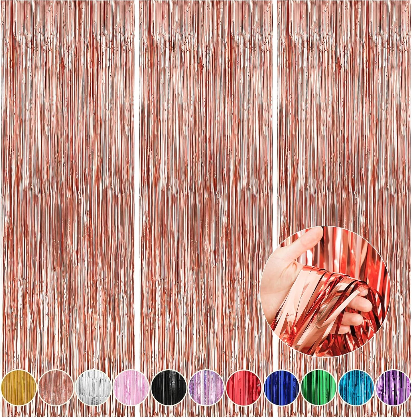 Crosize 5 Pack 3.3 x 9.9 ft Rose Gold Foil Fringe Curtains Party Decorations, Rose Gold Tinsel Curtain Backdrop for Parties, Door Streamers, Glitter Streamer Backdrop for Birthday Decoration