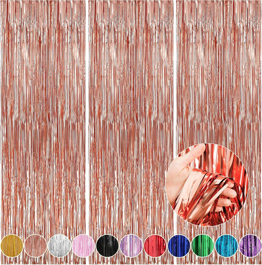 Crosize 5 Pack 3.3 x 9.9 ft Rose Gold Foil Fringe Curtains Party Decorations, Rose Gold Tinsel Curtain Backdrop for Parties, Door Streamers, Glitter Streamer Backdrop for Birthday Decoration