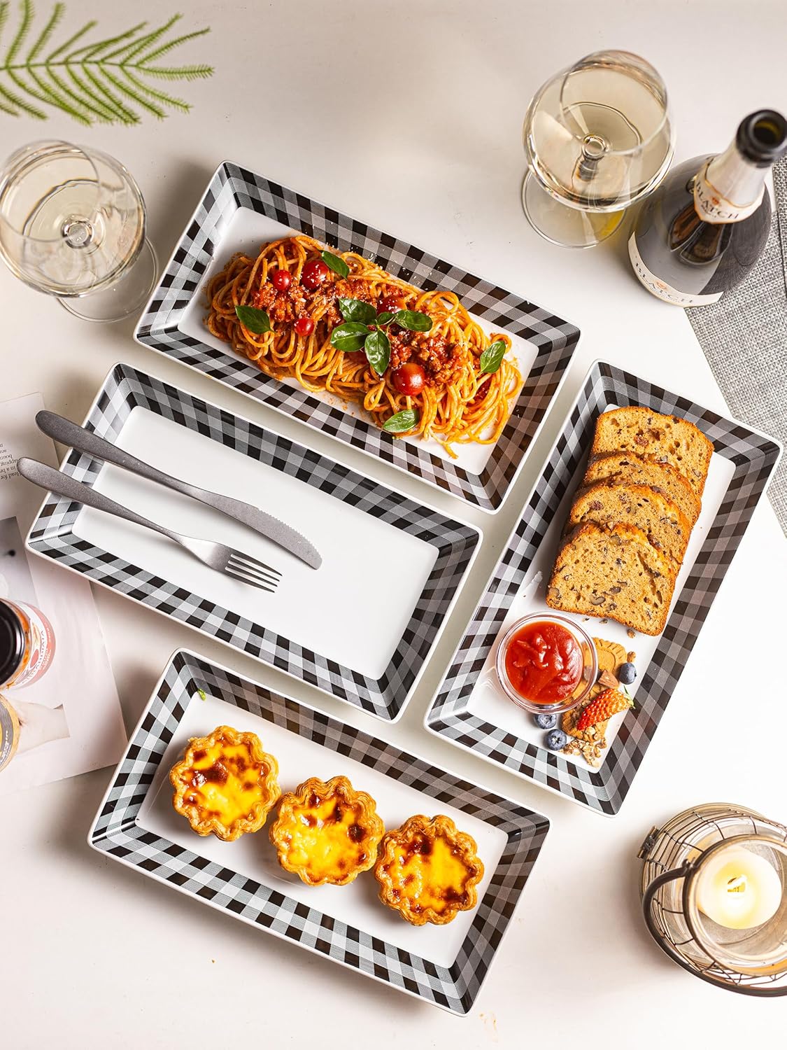 YHOSSEUN Ceramic Serving Platters Set of 4, Black and White Serving Platters and Trays for Food, Rectangular Halloween Plates Serving Dishes for Parties, Checkered, 12 Inch